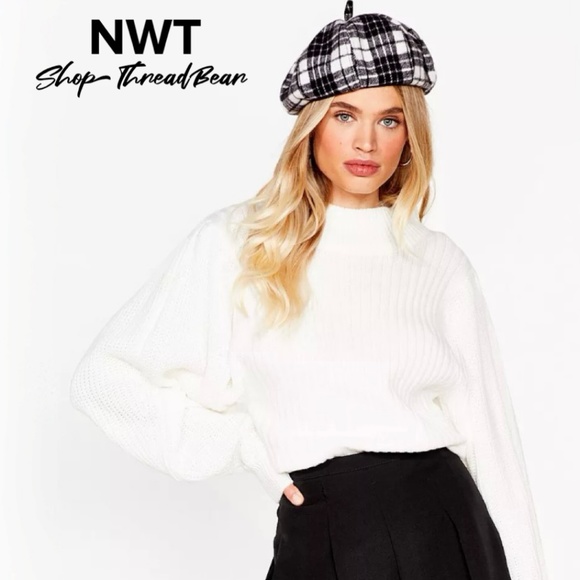 Ivory [Nasty Gal] Balloon Sleeve Knit Sweater | NWT Cream Mock Neck Top | Medium - Picture 1 of 16